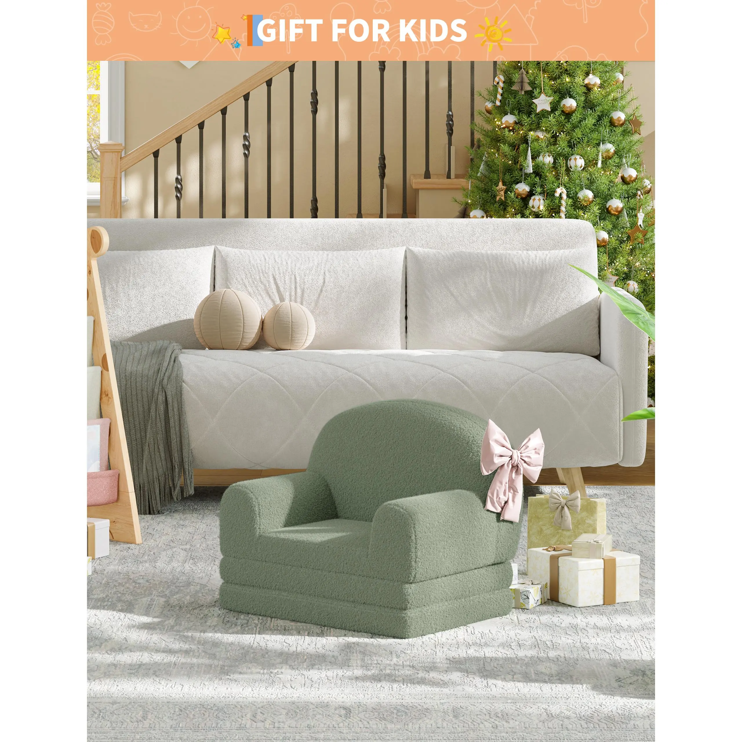 Multifunctional Toddler Sofa Bed - Convertible Fold-Out Lounger, Padded Toddler Couch for Home Interior Playroom, Soft Plush Children’s Furniture for Sitting & Sleeping