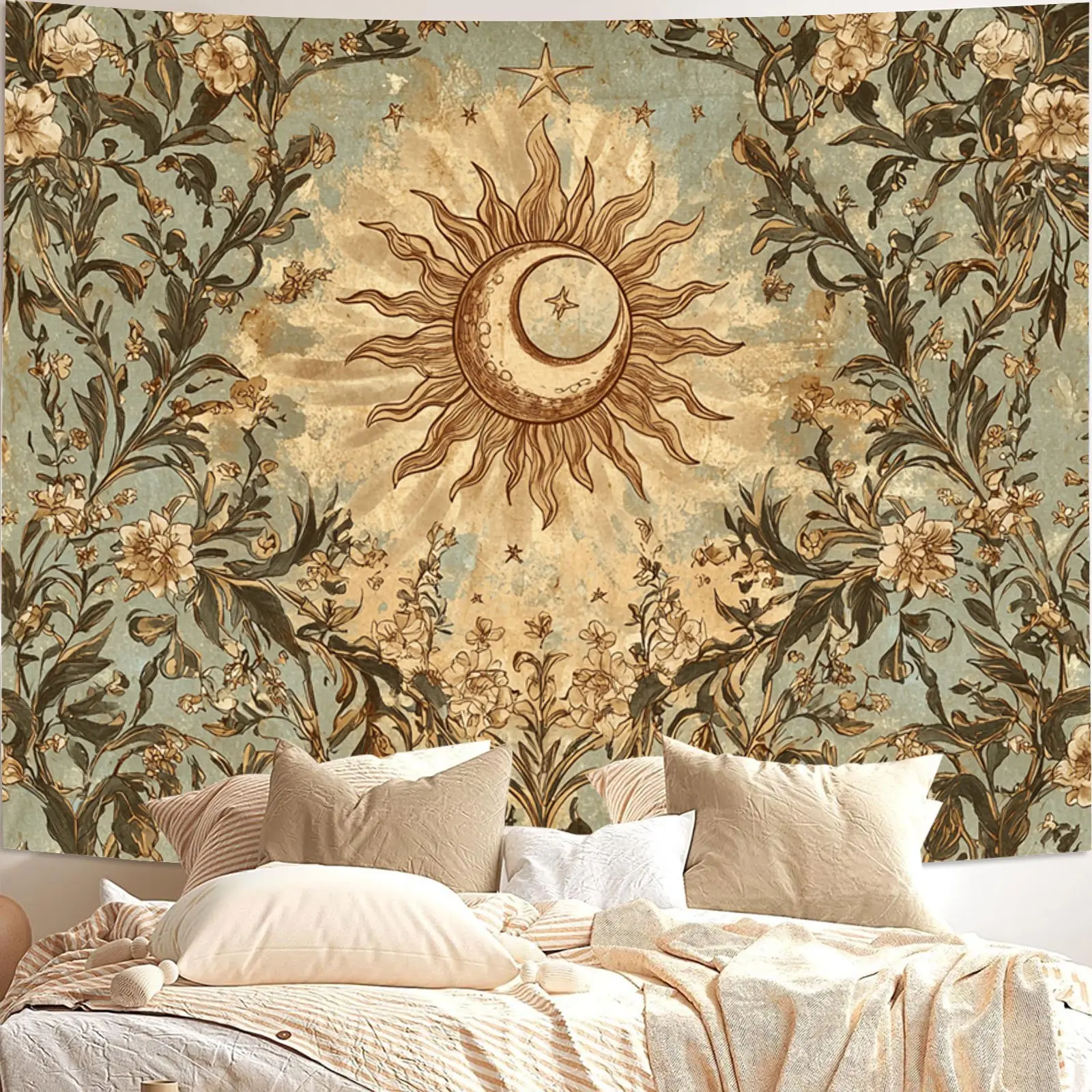 Vintage Sun Moon Tapestry Wall Hanging - Smooth, Wrinkle-Resistant Lightweight Cloth with Boho Floral, Mystical Music Prints, Boho Home Inspo Room Art for Living Room Decor