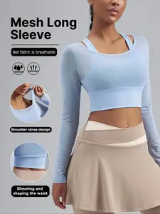 Women's Mesh Long Sleeve Crop Top with Bra, Breathable Athletic Shirt for Yoga, Gym & Training, Gym Yoga Clothing
