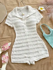 A short romper with a lapel collar, half-placket and ruffle trim, perfect for vacations, daily outings, dates and beach wear, Womenswear