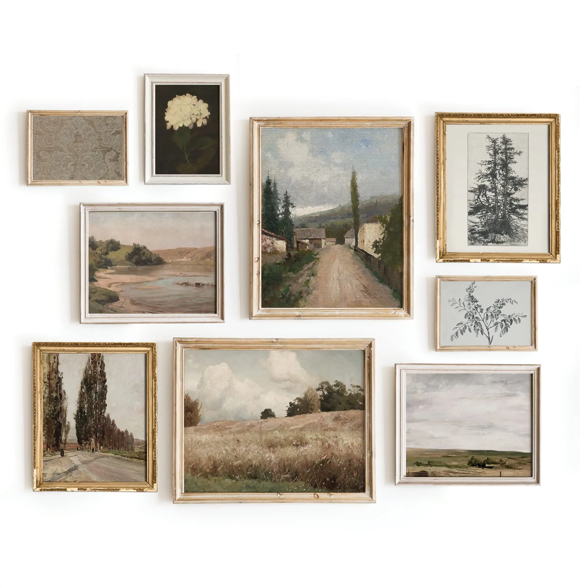 Vintage Landscape Wall Art - Set 9 French Country Art Prints Antique Warm Aesthetic Gallery Wall Art, Sketch Poster Farmhouse Wall Decor Prints For Wall Decor
