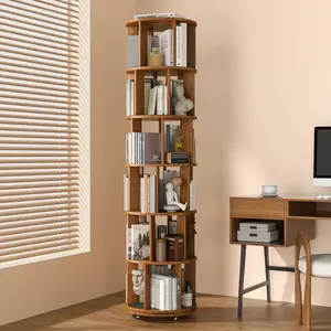 6-Tier Solid Wood Rotating Bookcase with Wheels, Round 360° Spinning Revolving Shelf, Corner Narrow Space Organizer for Home Office, Drawers Organization Furniture