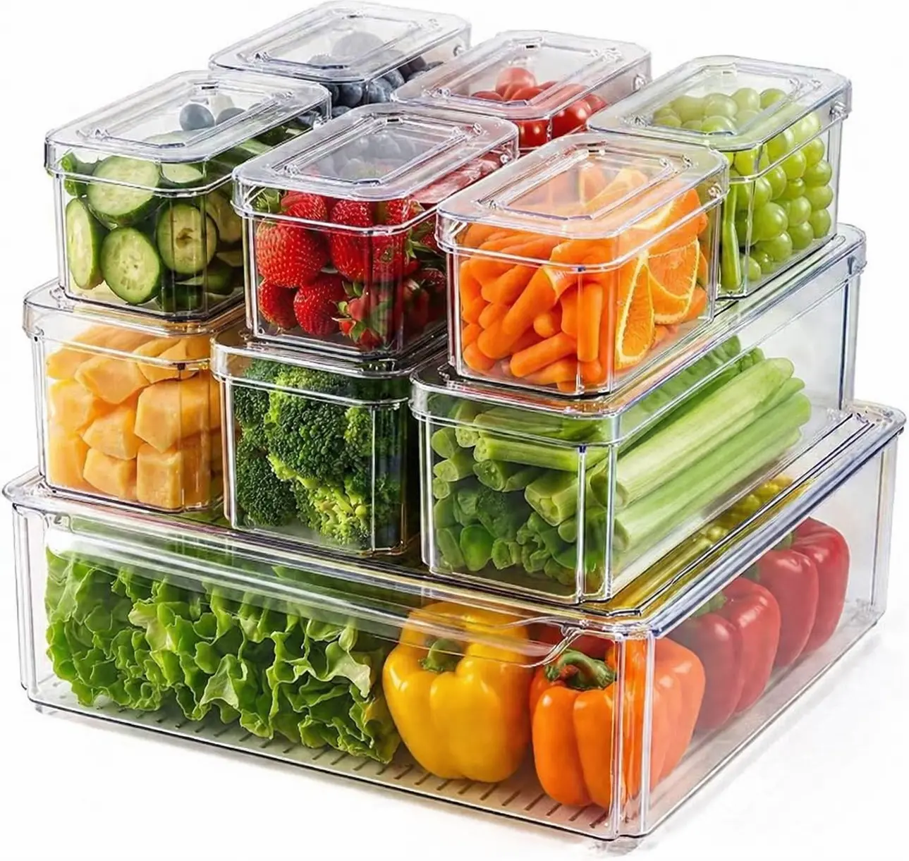 10-Pack Stackable Clear Refrigerator Organizer Bins with Lids, Plastic Food Storage Containers for Fridge, Pantry