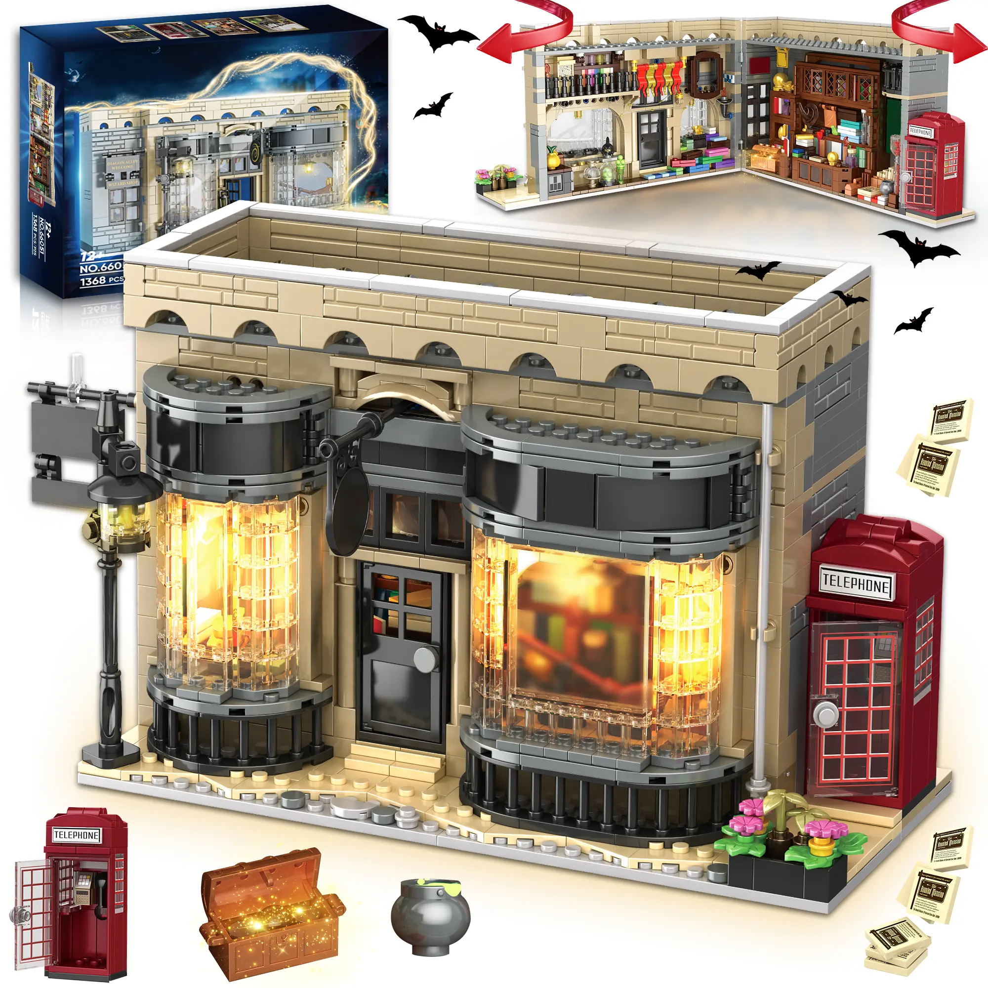 TOKMOC 66051 Building Blocks Set, 1368-Piece Magic Grocery Alley Architecture Model Kit, Stress Relief Toy for Ages 12+, Birthday Gift & Home Decoration