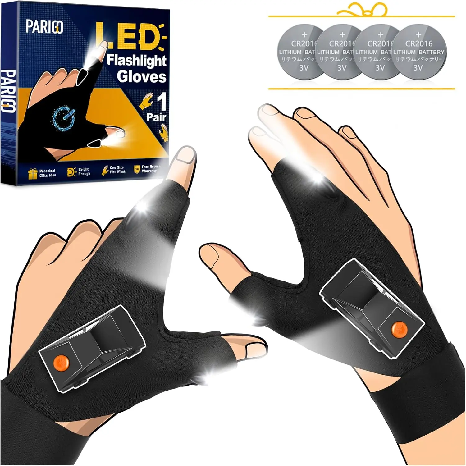 PARIGO Unisex Breathable LED Flashlight Gloves - 1 Size, Waterproof, Stretch Fit Adjustable Straps, Fishing Gear - Boyfriend/Dad Gifts for Birthday - Festive Stocking Stuffers, Home & Party Supply Gadgets