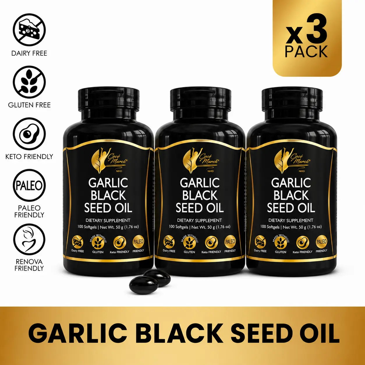 3 Bottles of Cocó March N.M.D Garlic Black Seed Oil Supplement - Immune Support & Microbiome Health 100 Softgel Capsules per Bottle