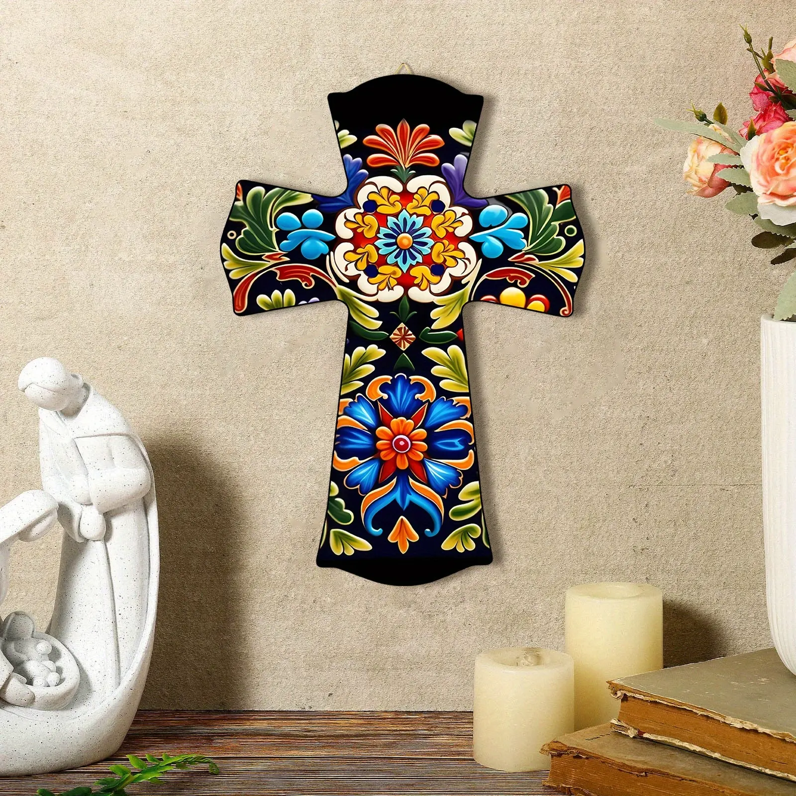 Hand-Painted Mexican Wooden Cross Wall Decor, Cross Decorations, Vibrant Floral & Geometric Patterns, Eco-Friendly Recycled Wood, Home Church Easter Gift