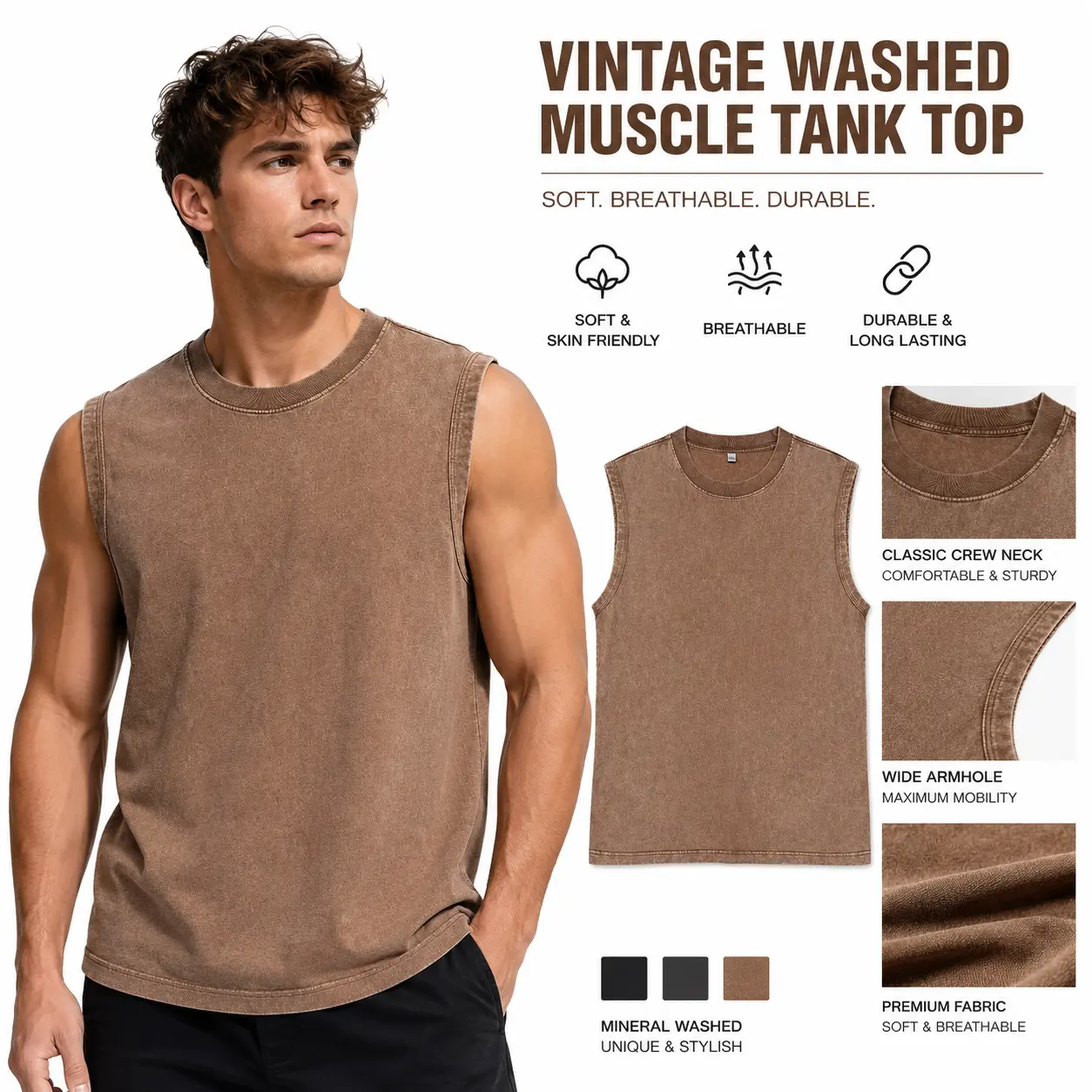 2026 Summer New Washed Cotton Vest - Retro Round Neck Plain Sporty Sports Top, Mens Vintage Acid Wash Loose Sleeveless Tee, Women's Beach Casual Tank, Sporty Sports Tops