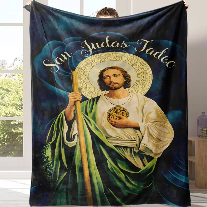 On Sale: Soft Textile San Judas Tadeo Print Throw Blanket - Religious Motif, Contemporary Look, Modern Faith-Filled Bedding Soft Furnishing, Office-Sofa Nap Essential, Ideal Gift for Parents Friends, San Judas Print