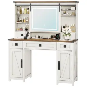 Sikaic Makeup Vanity with Sliding Mirror LED Lights & Wooden Storage Cabinet for Home Decor