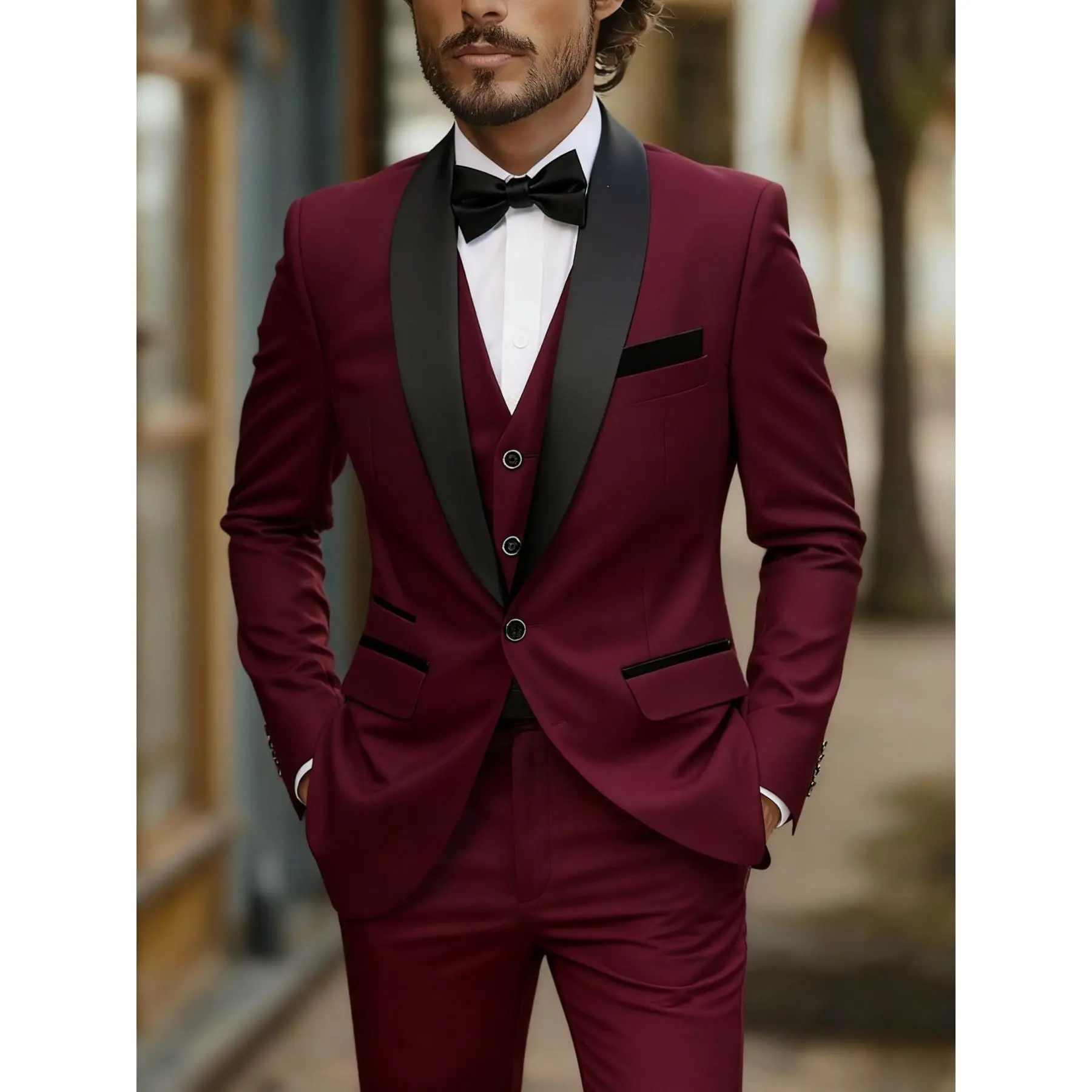 Men's 3-Piece Slim Fit Tuxedo Set - Formal Shawl Collar Suit for Wedding, Groomsmen, Sizes S,M,L