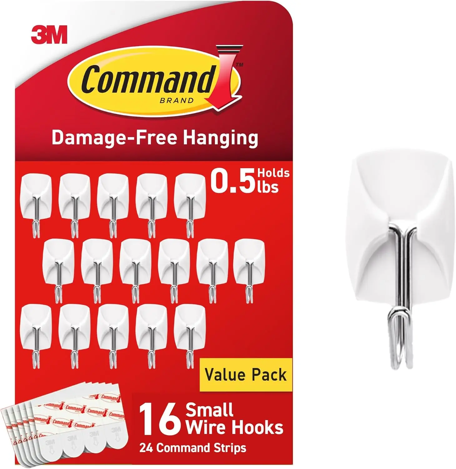 Command Small White Wire Hooks, 16 Hooks with 24 Strips, Damage-Free Adhesive Wall Hooks for Home, Kitchen, Bathroom, Bedroom and Office, No-Drill Hanging Hooks for Keys, Cords, Decorations and Accessories
