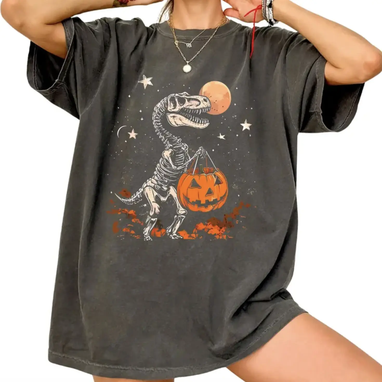 Comfort Colors Dinosaur Halloween Graphic Shirt, Pumpkin T-shirt, Spooky Aesthetic Shirt, Retro Halloween Tee, Skeleton Dino Shirt, Halloween Night Shirt, Moon, Star Halloween Shirt, Gift For Men Women, Full Colors, Full Sizes