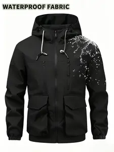 Men's Windproof Workwear Hooded Jacket, Long Sleeve Fitted Design, Multi-Pocket Utility, All-Season Casual Outerwear