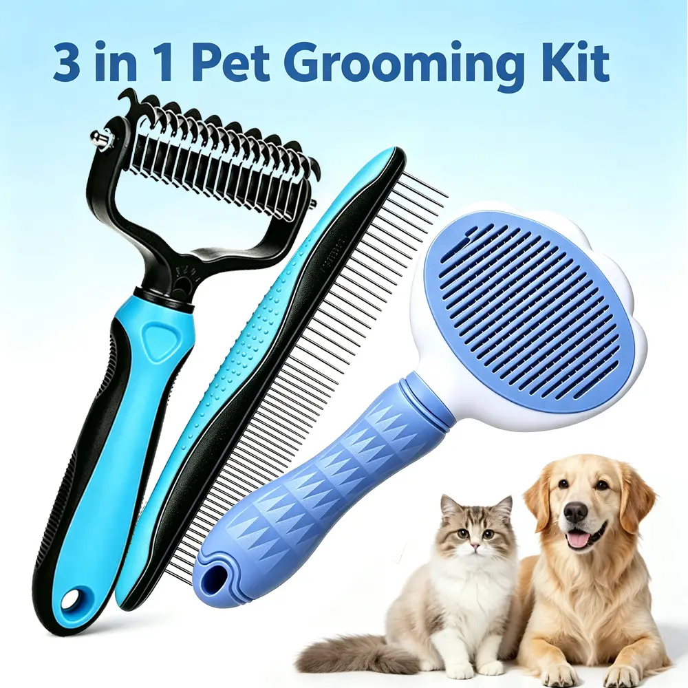 2026 New 3 Pack Pet Grooming Tools for Dogs & Cats – Stainless Steel Dematting, Fine-Tooth Grooming & Self-Clean Deshedding Brush for Small & All Pets