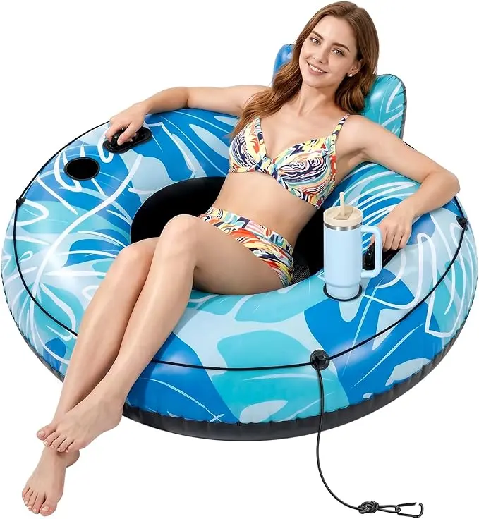 EInflatable River Tube Lake Float for 2 Adults, 93" 5-in-1 Heavy Duty Double River Float with Backrests, Built-in Cooler, 2 Cup Holders for Pool, Lake, Beach, Summer Water Activities summerwins