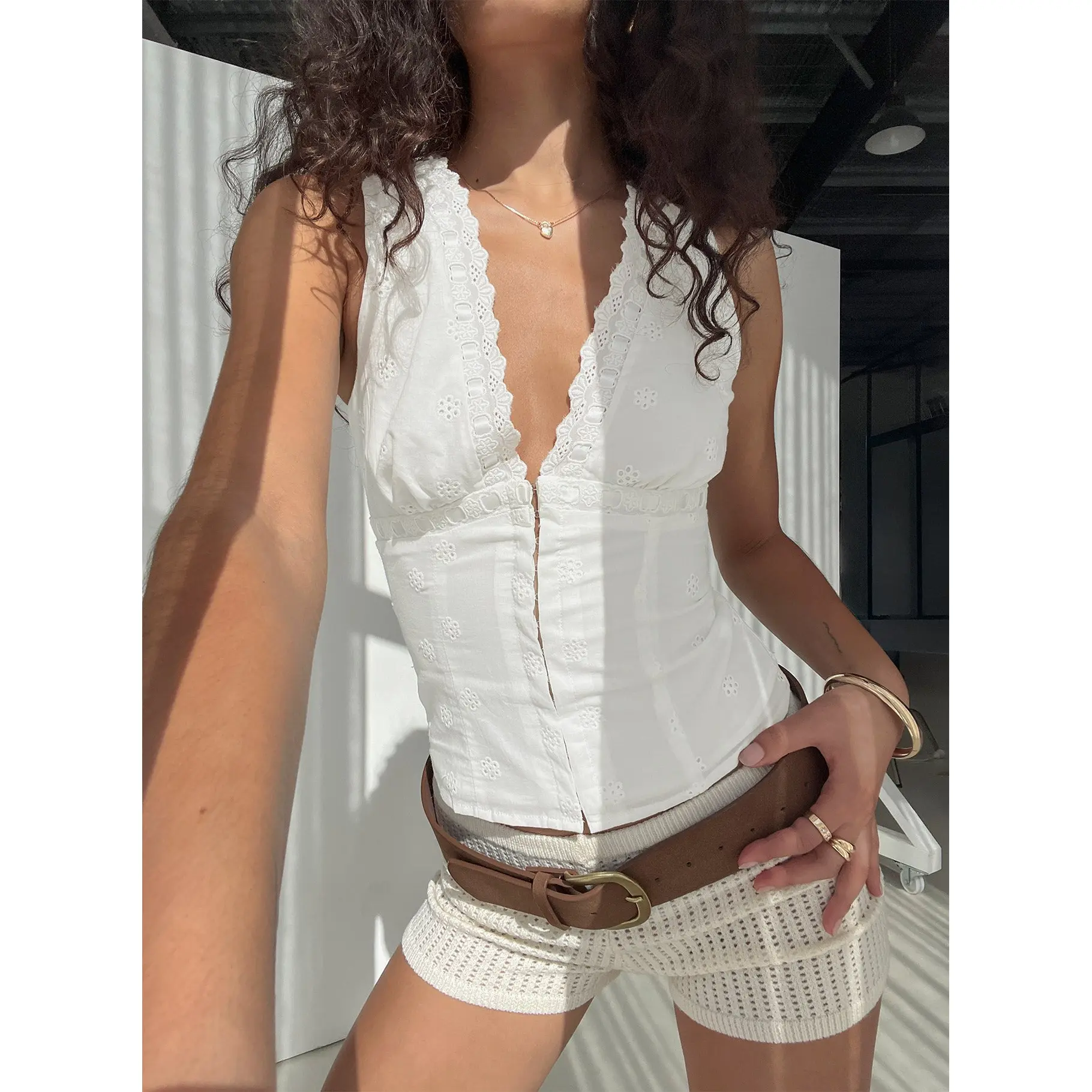 Speechless Sleeveless Lace Trim Top White