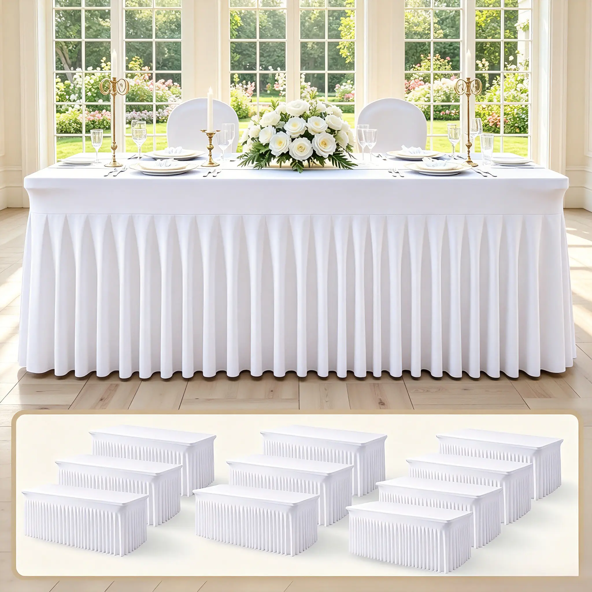 10-Pack Stretchable Spandex Tablecloths with Skirts, Full Coverage Fitted Covers for Rectangle Tables, Wedding & Bridal Shower & Birthday Decorations (Home & Festive Party Supplies), Bridal Shower Decoration