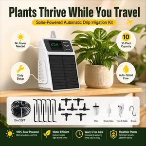 Solar Powered Automatic Drip Irrigation Kit, Programmable Auto Plant Watering System with Timer, 10m Tube Support 10 Potted Plants, IPX5 Waterproof for Garden Balcony Greenhouse Vacation