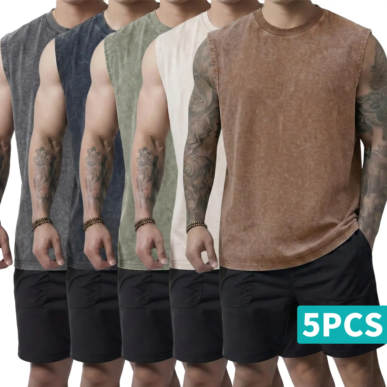 Pack of 5 pure cotton sleeveless vests with a sand-washed distressed finish, wide shoulders, solid color water-wash vintage style, relaxed casual sporty layered vest top,back to school,back to school shopping
