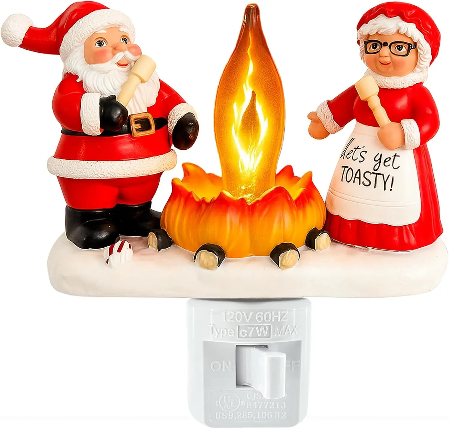 LED Santa&Mrs Claus Campfire Nightlight-4.33*4.13in USB Charging Lamp with Flame Flickering Effect,Soft Light Ambient Glow Lighting,Cute Swivel Plug-in Figurine Lamp for Holiday Decor,Indoor,Figurine Light,Home Decor Statue for Children's Room,Living Room