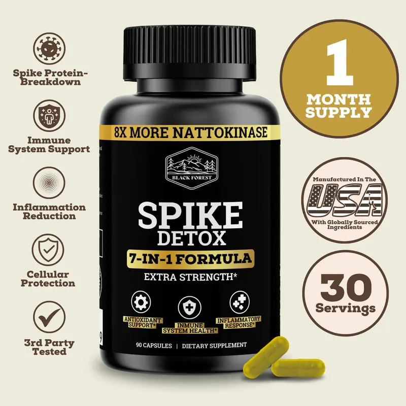 Black Forest Supplements Spike Detox 7-in-1 Formula | Includes 8X More Nattokinase, NAC, Zinc, Bromelain, Nattokinase, Turmeric, Quercetin, Black Pepper. Helps support removal of spike protein from the body.