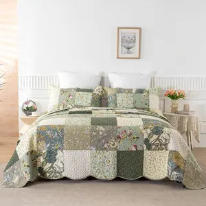 Quilt King Size Patchwork Bedspread Set - 100% Cotton Reversible Breathable Floral Quilted Quilt with Pillow Shams Fit All Season