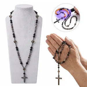 Tiger Eye Cross Necklace for Men, Obsidian Necklace, Hematite Cross Pendant Lava Rock Rosary Healing Crystal Necklaces #TikTokShopDealsforYouDays