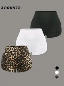 Women's Fitted Casual Athleisure Shorts Set of 3, Side Pleated Design, Perfect for Home and Sports, Slim Fit Waistband, Ideal for Warm Weather