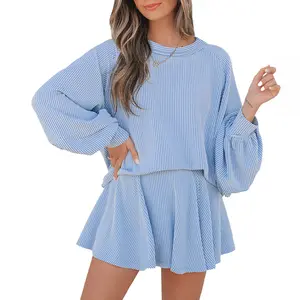 Znacicc Casual Chic Corded Knit Lantern Sleeve Top with High Waist Ruffled Mini Skirt 2 Piece Set in Blue Striped Design,Winteroutfit