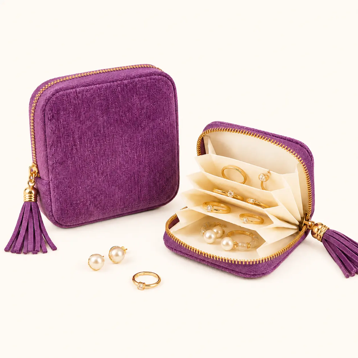 Travel Jewelry Case Portable Jewelry Organizer Bag with Tassel Zipper, Soft Velvet Jewelry Storage Pouch for Rings, Bracelets, Necklaces, Earrings and Bangles, Compact Jewelry Holder for Travel, Daily Use and Gifts for Women