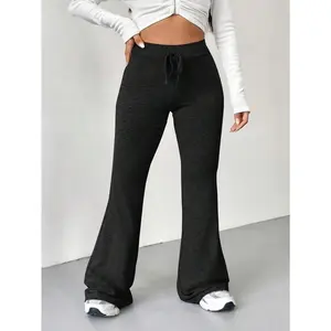 Women Casual Grey Drawstring Flare Sweatpants
