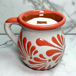 Cantarito Authentic Mug Candle with Wooden Wick - Handcrafted Ceramic with Vibrant Orange Floral Design