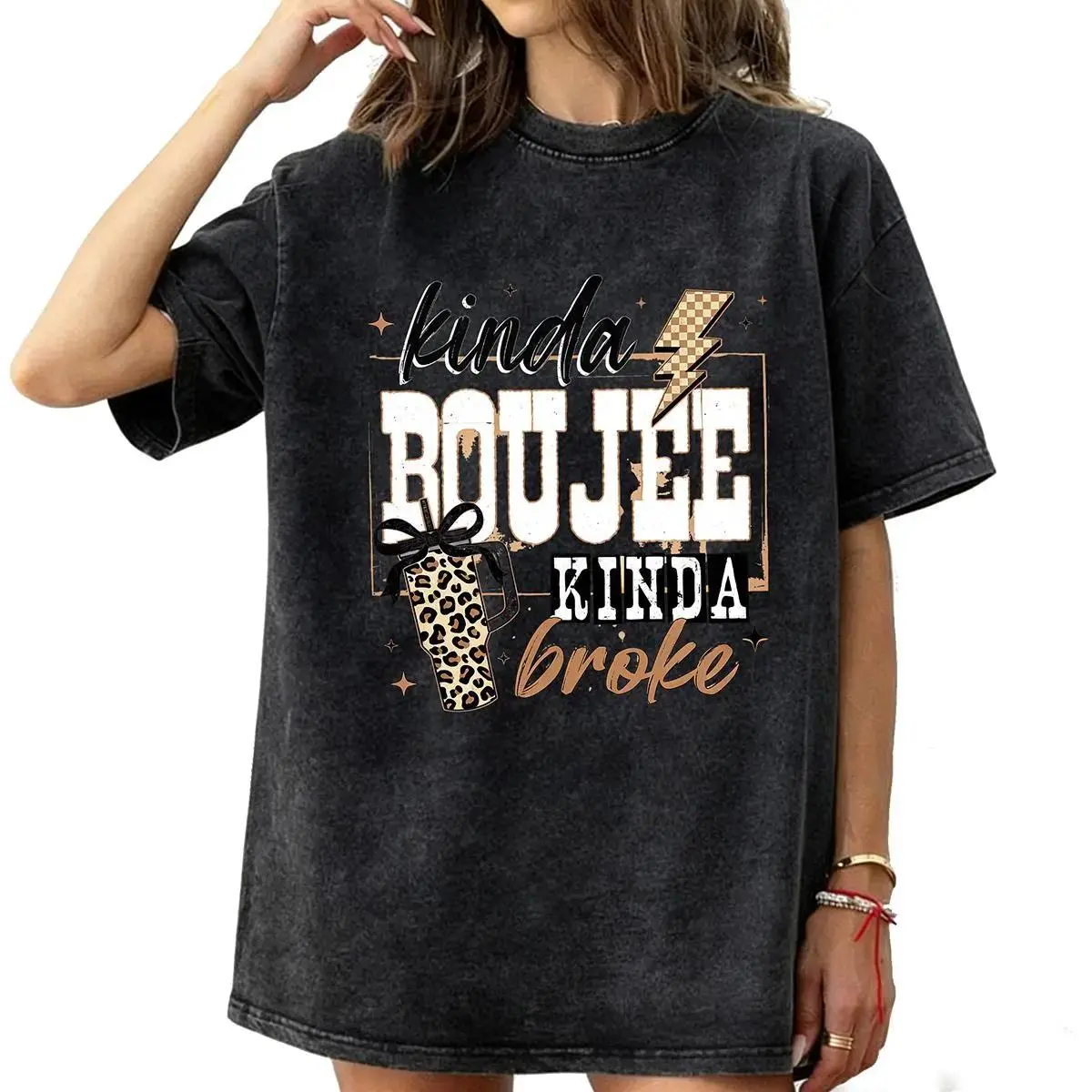Coquette Graphic T-Shirt for Women - "Kinda Boujee Kinda Broke" Leopard Bow Print, 100% Cotton Top for Casual Everyday Wear, Comfortable Classic Fit, Tshirt, Casual Wear, Short Sleeve