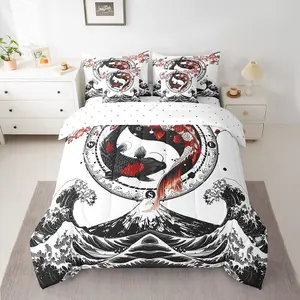 Japanese Koi Fish Comforter Set,7 Pieces Cherry Blossoms Bed in a Bag with Comforter,Sheets,Pillowcases & Cushion Cover, Bedroom Bedding Set, Decorative Bedding Set