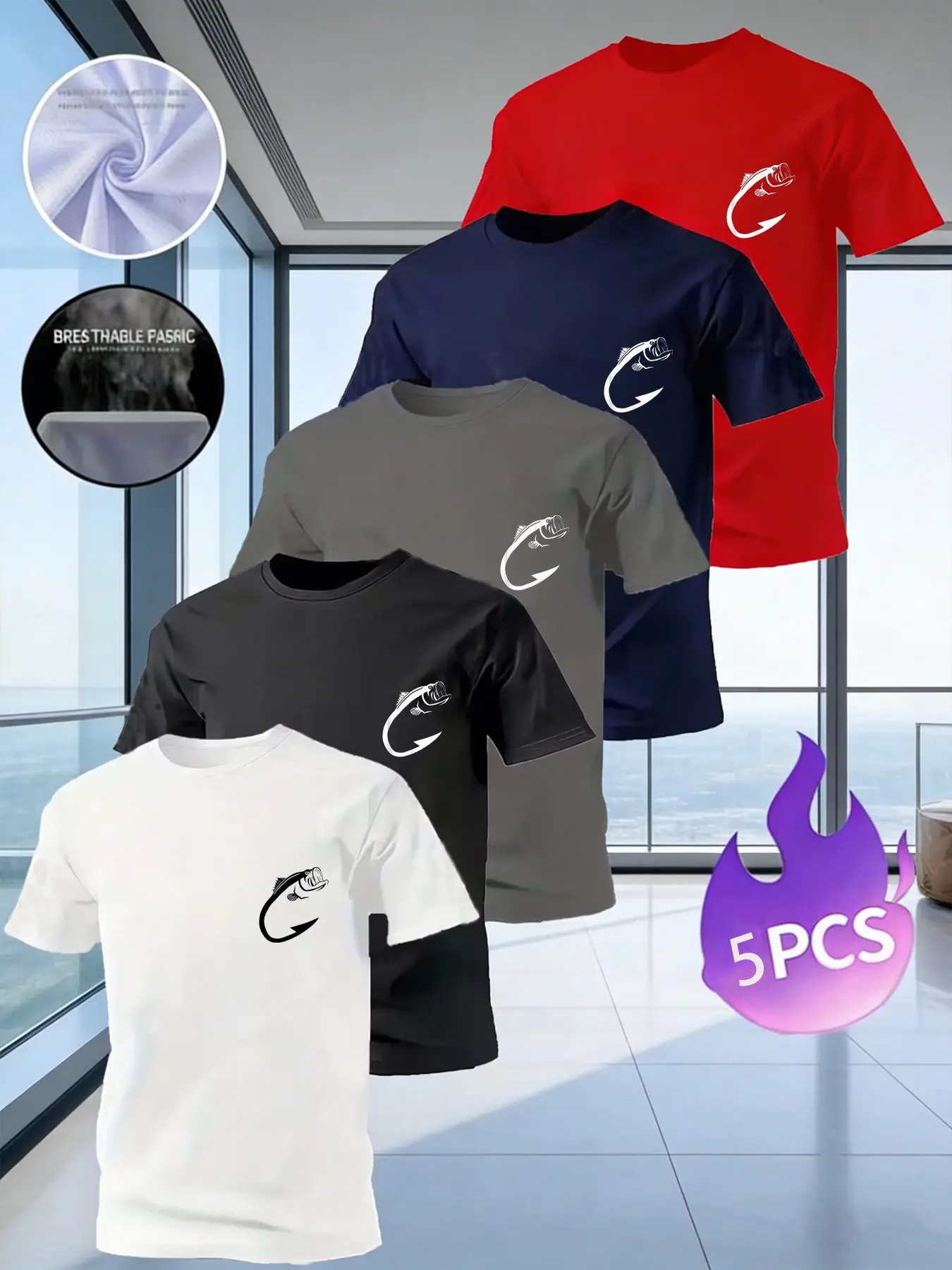 5 Pack Men's  fishhook Print T-Shirts, Classic Casual Breathable Short Sleeve Crew Neck Tees, Outdoor Fishing Graphic Tops for Daily Wear, Streetwear