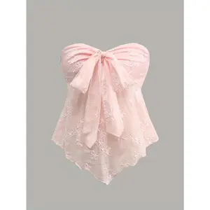 Textured Fabric Tie Front Strapless Top Y2K Outfit