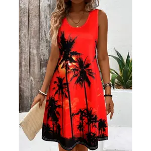 summer  new style dress unique curvy women Elegant Loose Women's Tropical Print Sleeveless Beach Dress - Vibrant Pink with Black Palm Tree Design, Round Neck Machine-Washable Lightweight Summer Vacation for Poolside & Casual Out