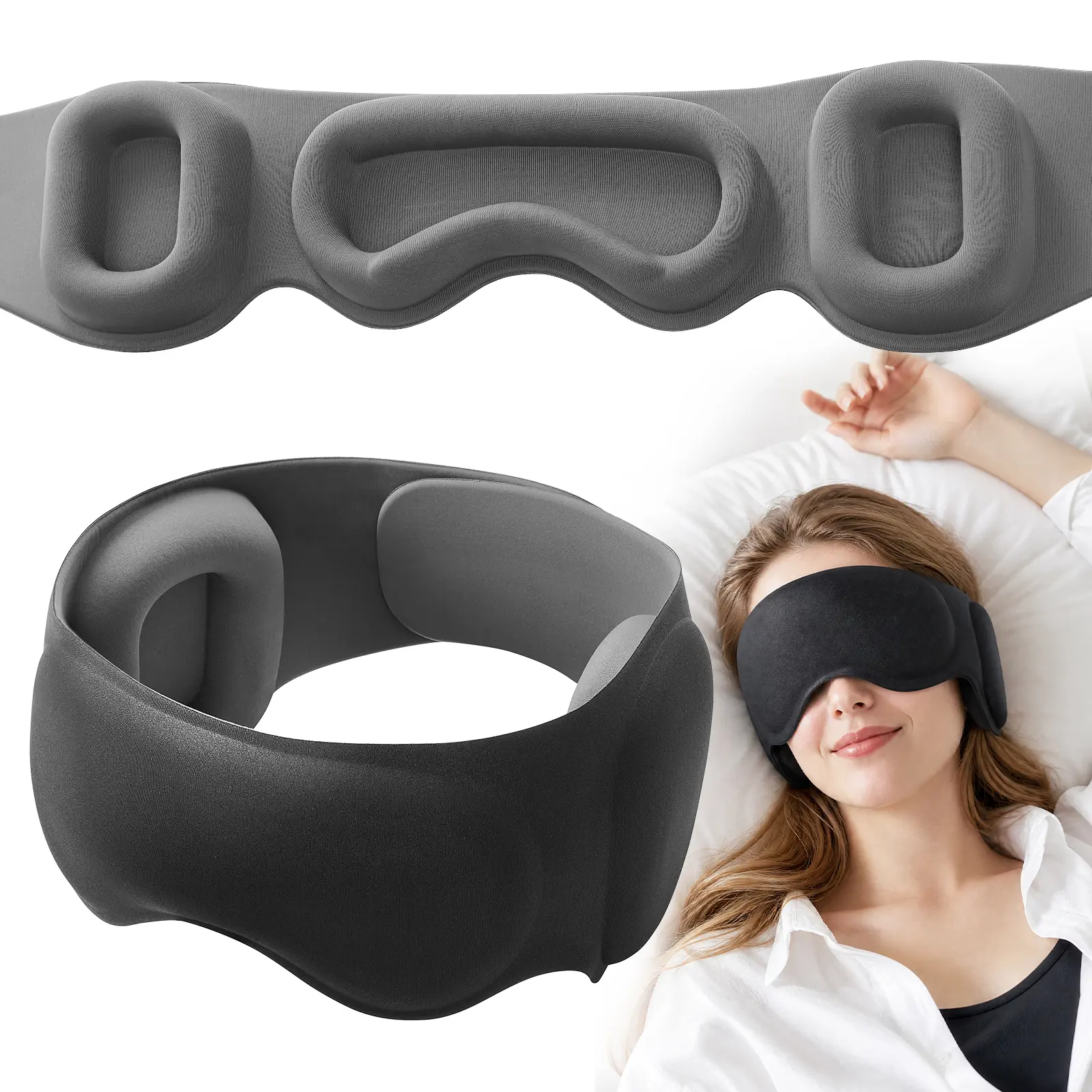 Fismool 3D Contoured Eye Cavity Sleep Mask - Lightweight Solid Plain Memory Foam, Noise-Blocking Ear Cups, Adjustable, for Side Sleepers, Protect Your Lashes & Eyes, Deep Sleep Aid