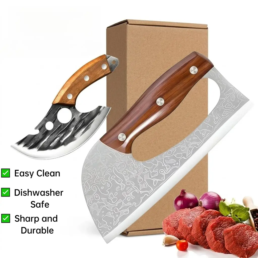 [2PCS]8-inch chef's knife, high carbon stainless steel, Chinese style, wooden handle - suitable for cutting meat, vegetables, and fruit; portable; a great Father's Day or Christmas gift.