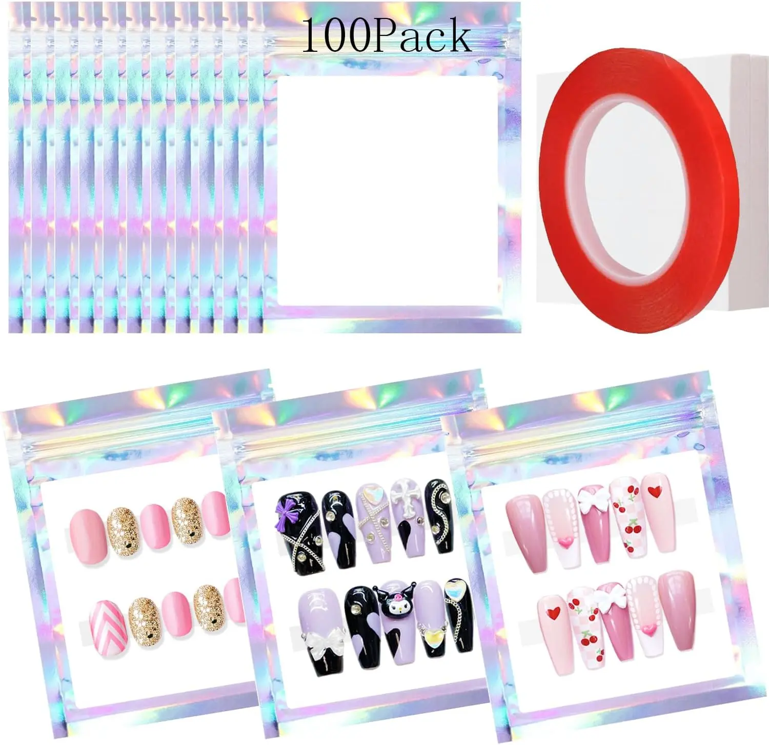 Qenk 100PCS Empty Holographic Nail Storage Bag Press on Nail Packaging Bag and 100PCS Shiny white cardboard Nail Tips Packaging Bags with 1 Roll Transparent Tape