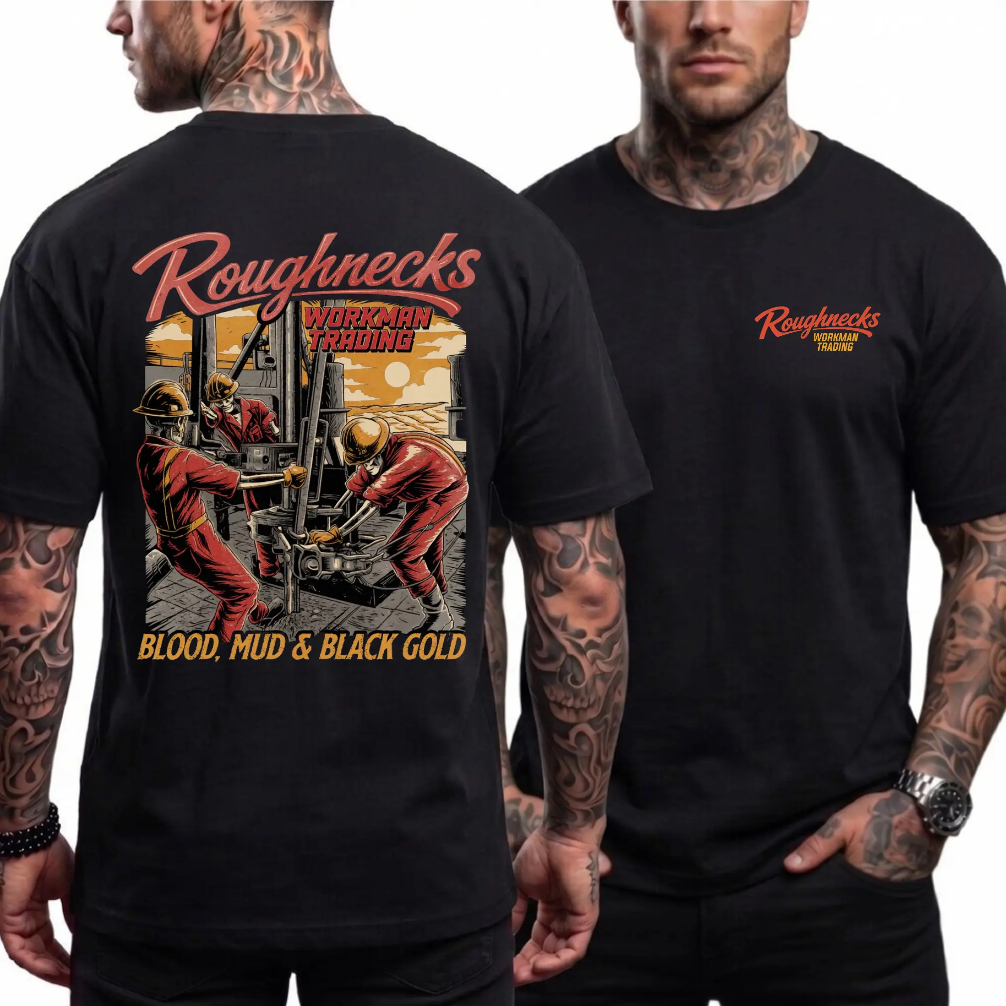 Women's Casual Classic Short-Sleeve Tops - Roughnecks Blood Mud & Black Gold Graphic Cotton T-Shirt, Oilfield Drilling Rig Vintage Design, Double-Sided Unisex Fabric Tee, Shortsleeve, Round Neck