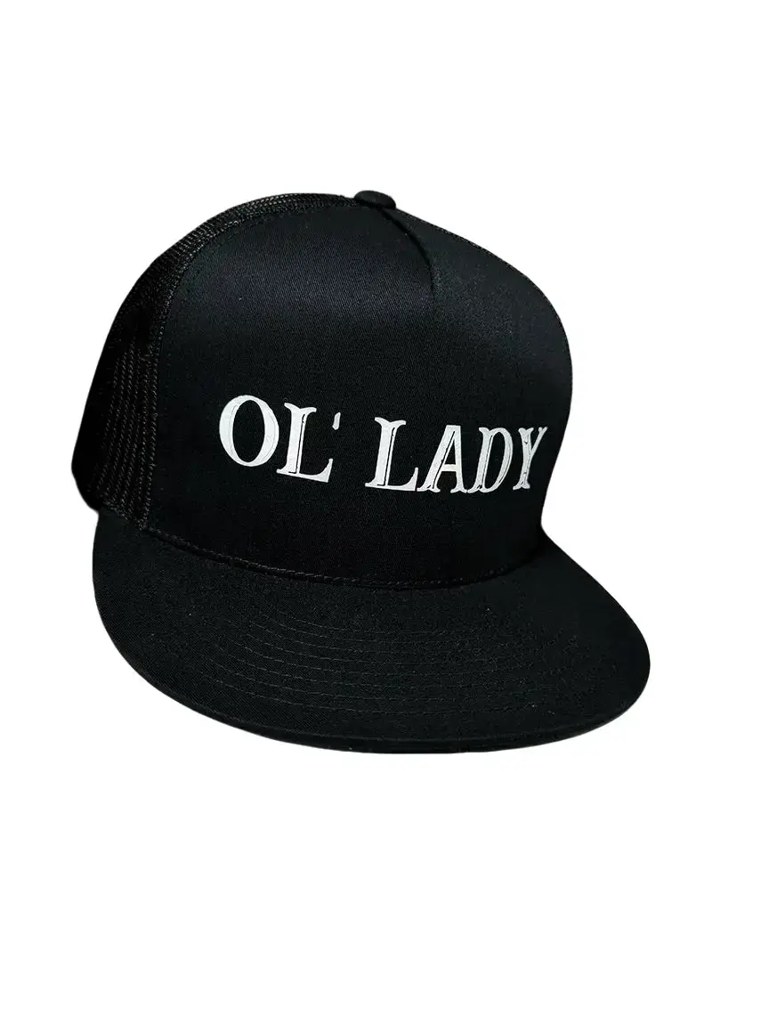 TheDriveClothing OL’ LADY Black Flat Bill Hat – Unisex Y2K Streetwear Snapback Cap, White Graphic Mesh Back Hat, Biker Festival Fashion, Casual Skater Style, Adjustable Streetwear Apparel