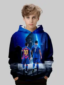 Boys' Football Legend Hoodie, Cristiano Ronaldo & Lionel Messi Design, Dreamy Effect, Fitted Casual Style, Fall Winter Fashion