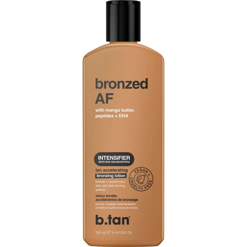 b.tan Bronzed AF Sun Tanning Lotion - Vegan Body Care Tan Accelerator for Adults, Self-Tanning Tinted Browning Cream, Nourishing Moisturizer with Mango Butter, Peptides, Shimmer, Mango Scent, Sunless Tan for All Skin Types, Combination Skin (No SPF)