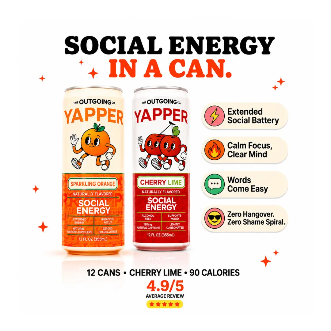 Yapper Social Energy Drink Ginseng Fizzy Drink | 12 Pack | Cherry Lime | Orange | Ready to Drink | Natural Energy | Natural Caffeine | Nootropic | Ginseng | Lions Mane