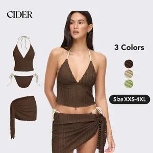 Cider Texture Halter Neckline Lettuce Trim Knotted Tankini Tie Side Bikini Set With Sarong