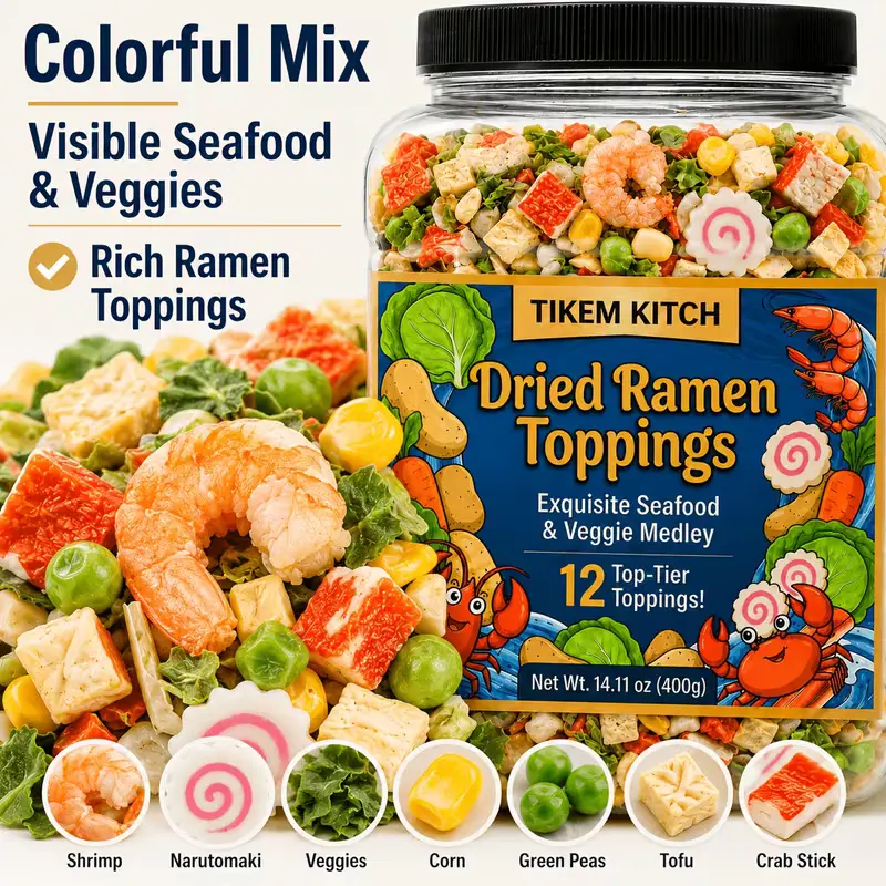 Sugar-Free Asian Noodles Topper Blend - 14.11 oz Large Ambient Cupboard Jar with 12 Assorted Add-Ins (Shellfish, Corn, Peas, Tofu Cubes, Narutomaki, Crab Stick, Cabbage, Vegetable Bits) for Soups, Meals