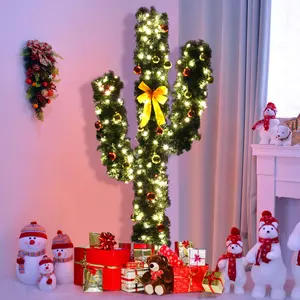 COSTWAY 5/6/7 FT Pre-Lit Artificial Cactus Christmas Tree with LED Lights and Ball Ornaments, Perfect Holiday Decoration Indoor Xmas Tree