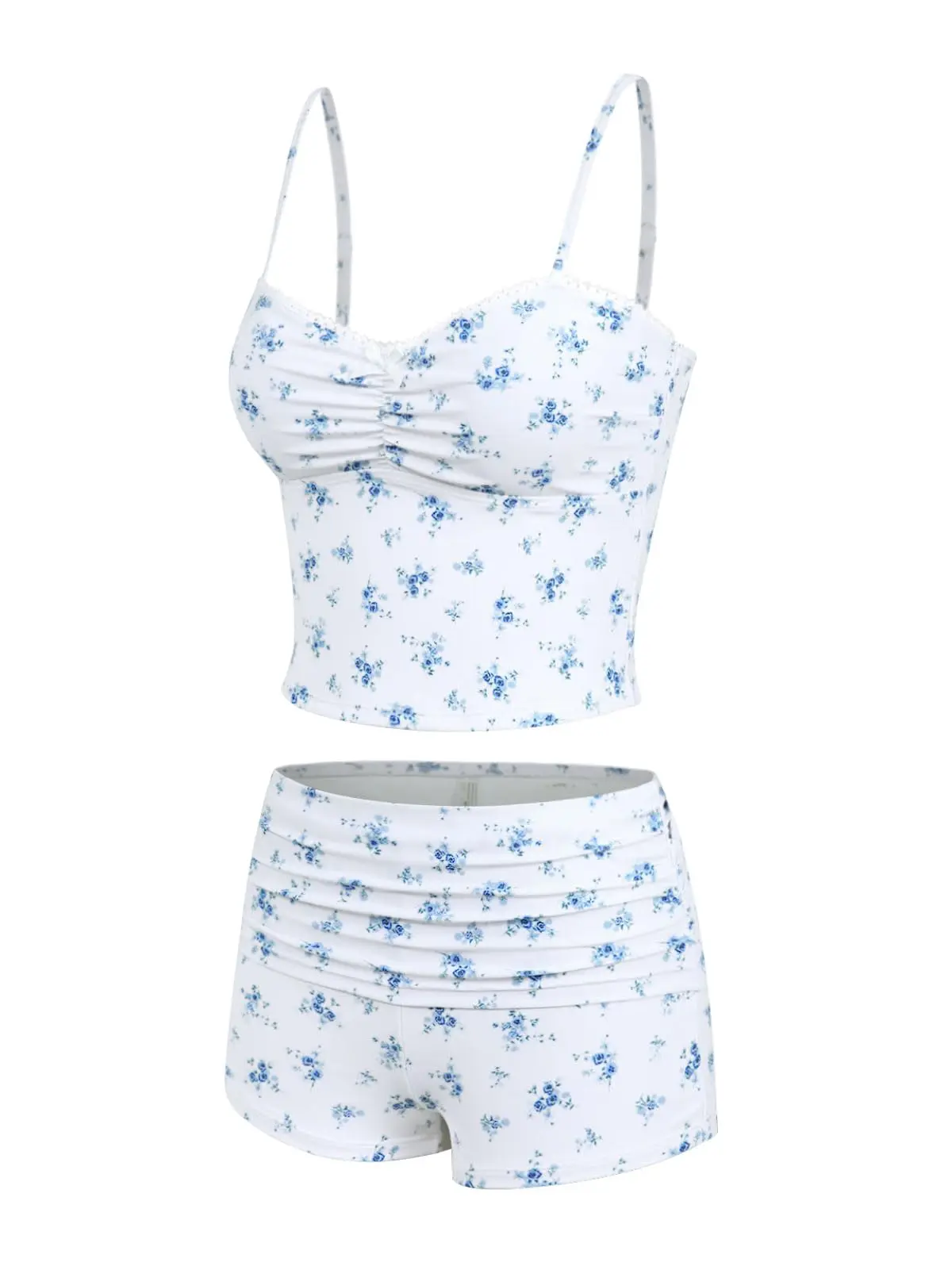 ROSEGALETTE Women's Adjustable High Waisted Elastane Light Blue Floral Ditsy Print Ruched Halter Strap Wire-Free 2-Piece Tankini Swimsuit Set - Stretch Fabric, Glossy Tank Top, Full Coverage Boyshorts Bottom, Beach Outings Swimwear for Women, Women's Clot